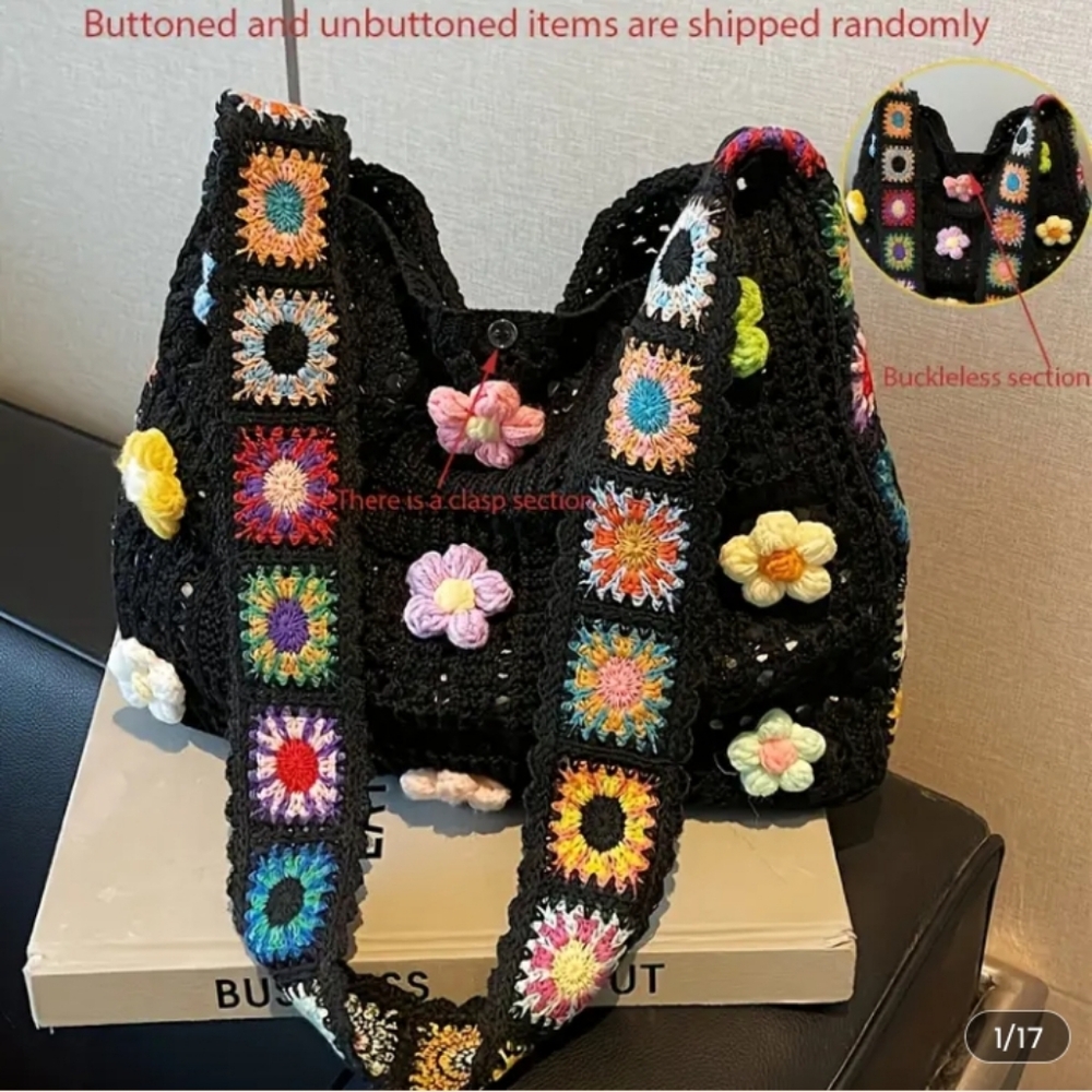 Bohemian Crochet Floral Black Shoulder Bag - Multicolor Accents